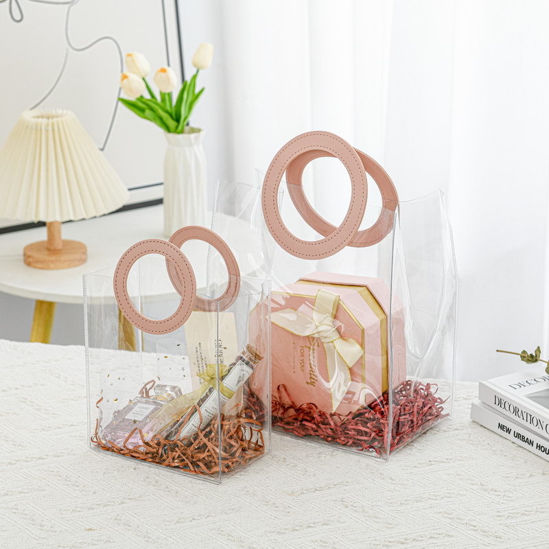 10 Pcs Small Transparent Bags with Circle Handle Gift Paper Bag, Carry Bags, Gift Bag, Gift for Birthday, Valentine, Marriage, Festivals, Season's Greetings and Events (Cream) (Small)