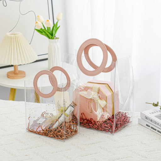 Pack of 10Big Transparent Bags with Round Handle Gift Paper Bag, Carry Bags, Gift Bag, Gift for Birthday, Valentine, Marriage, Festivals, Season's Greetings and Events (cream) (Big)(27.5 x 14 x 24.5 cm)