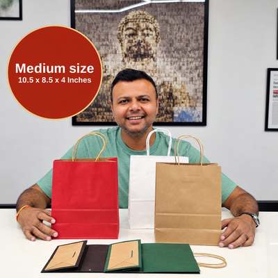 Medium Size Multipurpose Paper Bags with Handles for Shopping, Gift Packaging, Boutique Packaging, Wedding Return Gifts & Festive Gifting – 5 Colours