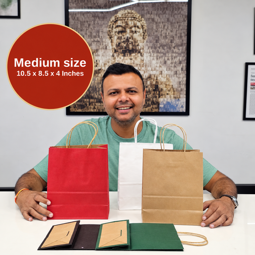 Medium Size Multipurpose Paper Bags with Handles for Shopping, Gift Packaging, Boutique Packaging, Wedding Return Gifts & Festive Gifting – 5 Colours