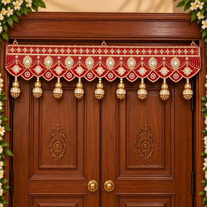 (Design No.7) Designer Festive Toran | 38 Inch Red & Golden Door Hanging | Traditional Bandhanwar for Diwali & Festive Decor ✨