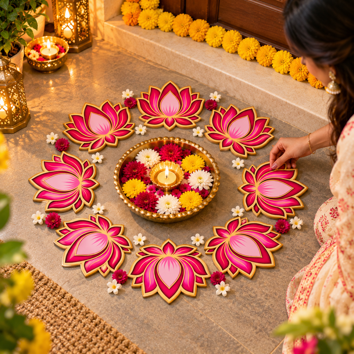 3D Look Decorative MDF Lotus Cutouts for Diwali Rangoli & Festival Decoration | Pink & Golden Lotus | 15 × 12 cm**