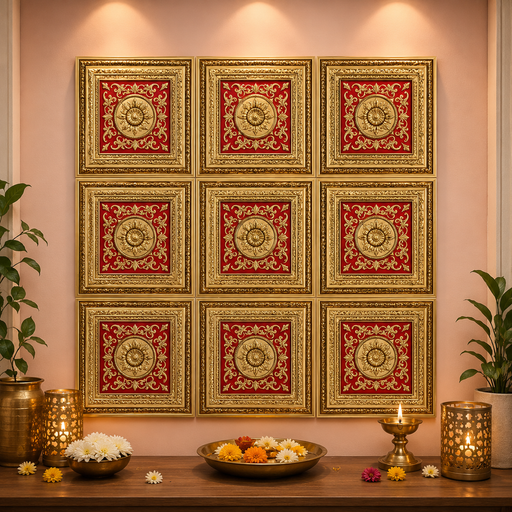 Premium Backdrop Wall Panels (9 pcs set) | 30 × 30 CM Each Panel For Ganpati , Janmashtami , Durga pooja  and Diwali  | 90 × 90 CM DIY Mandap Background | 9 Panels | 3 Designs | Includes Double-Sided Tape