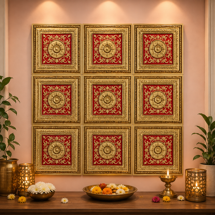 Premium Backdrop Wall Panels (9 pcs set) | 30 × 30 CM Each Panel For Ganpati , Janmashtami , Durga pooja  and Diwali  | 90 × 90 CM DIY Mandap Background | 9 Panels | 3 Designs | Includes Double-Sided Tape