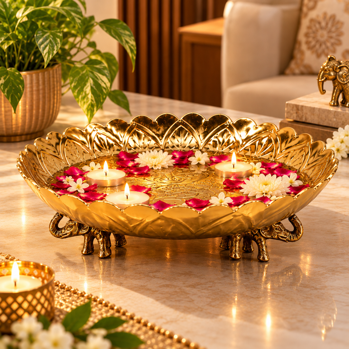 (Design no.42) Premium Golden Lotus Urli Bowl with Elephant Legs | Decorative Metal Urli for Diwali, Pooja & Home Décor | 10*3.5 inch