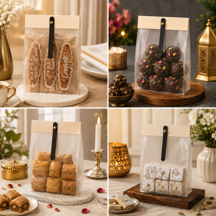 Transparent Korean Pouch with Wooden Clip | Gift Packaging for Dry Fruits, Chocolates & Cookies | 13×6×18 cm Premium Hamper Pouch