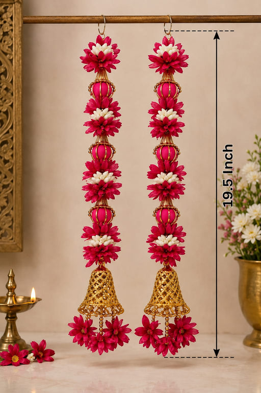(Design No. 5) Premium Artificial Pink Floral Door Hanging with Golden Bells & Wheel | 21 Inch Decorative Hanging for Door, Home, Wedding & Festive Decor