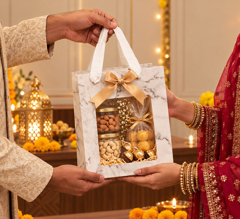 Premium Marble Print Paper Gift Bag with Window | 20 × 15 × 10 CM | Elegant Hamper & Return Gift Bag