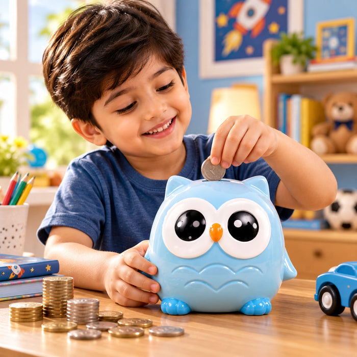 1 Piece Ceramic Blue Owl Design Gullak Piggy Bank for Rupees Savings - Coin Storage Tip Box Ideal for Kids and Adults - Money Kilona Pikibank ATM Coinbox Gulak (Pack of 1) (Blue)