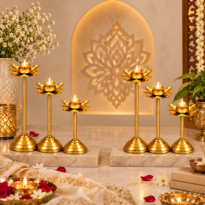 (Design No.38) 2 set (6pcs) Gold Lotus Candle Holder | Metal Lotus Diya Stand for Home Décor & Festive Decoration