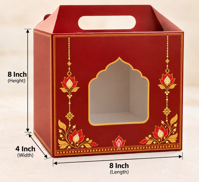 Small size Premium Red & Gold Decorative Gift Hamper Box with Handle & Window | 8 × 8 × 4 Inch Gifting Box