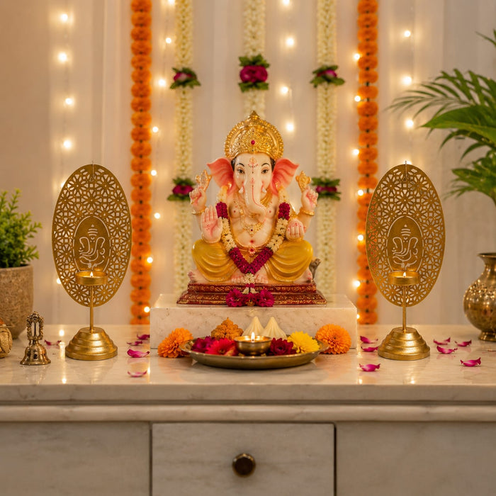 2 pcs ganpati Metal Diya | Gold Finish Ganesh Diya Stand for Pooja, Home Décor & Festive Decoration | 9.5 Inch