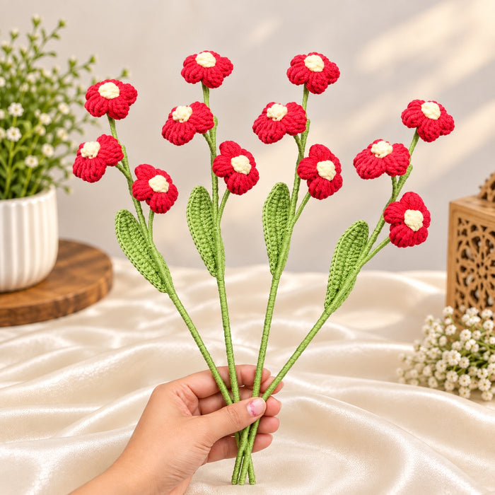 4 pcs Handcrafted Crochet Flower Stem | Handmade Yarn Flower with Green Leaf | Decorative Artificial Flower for Home, Wedding & Gifting
