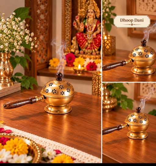 Metal Dhoop Dani with Wooden Handle | Traditional Incense Burner for Pooja, Home Purifying, Loban & Incense Burner, Diwali Décor