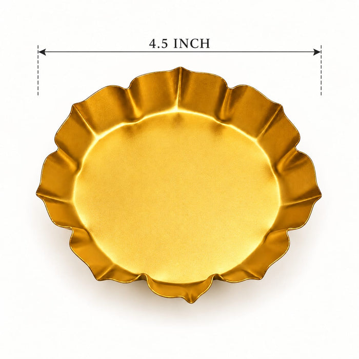 (Design No.35) Golden Scalloped Metal Plate | 4.5 Inch Decorative Tray for Diya, Pooja & Home Décor
