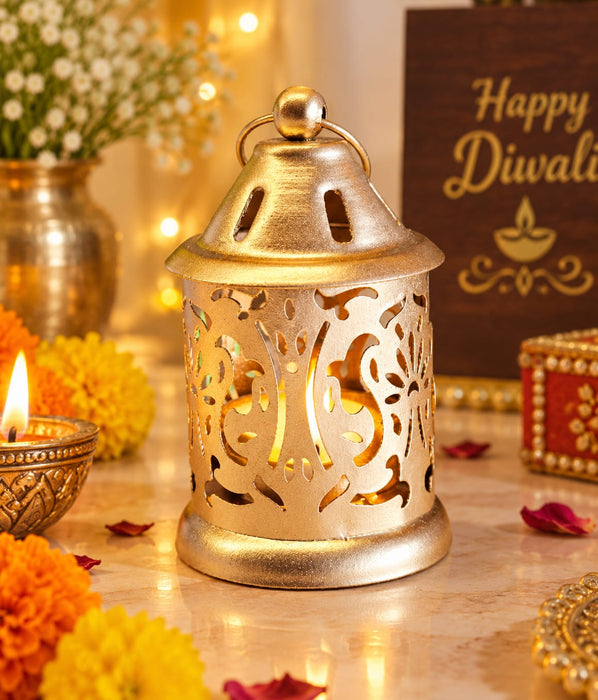 Gold Polish Decorative Hanging Lantern Shape Candle Holder for Home Decor,Mandir Decor,Candles Diya holder, Office,Table Decor, Entrance Decoration Item(Golden)