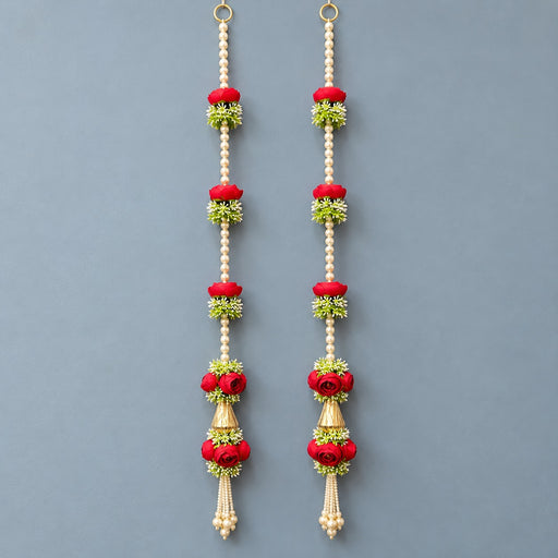 (Design No.7) 1 Pair (2 Pcs ) Elegant Red Rose & Pearl Hanging for Home & Festive Decor | 34 Inch Artificial Floral Hanging with Golden Vase Detailing & Pearl Tassels | Door, Wall, Pooja & Wedding Decoration