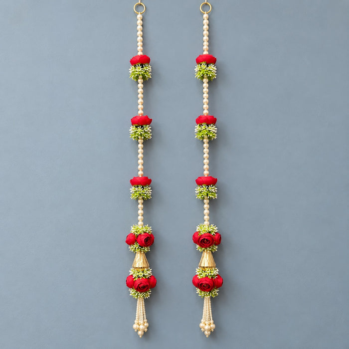 (Design No.7) Elegant Red Rose & Pearl Hanging for Home & Festive Decor | 34 Inch Artificial Floral Hanging with Golden Vase Detailing & Pearl Tassels | Door, Wall, Pooja & Wedding Decoration