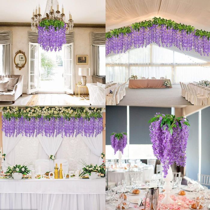 12 Pcs (43.2 inch) Artificial Wisteria Vine Ratta Fake Wisteria Hanging Garland Silk Long Hanging Bush Flowers String for Home Decor,Diwali Decor,Valentine's Day Decoration (Dark Purple)