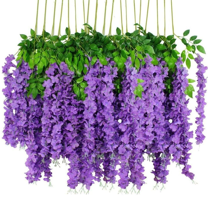 12 Pcs (43.2 inch) Artificial Wisteria Vine Ratta Fake Wisteria Hanging Garland Silk Long Hanging Bush Flowers String for Home Decor,Diwali Decor,Valentine's Day Decoration (Dark Purple)