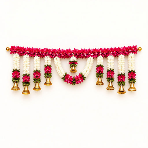 (Design No.13) 1 Pcs Premium Pink & White Floral Toran for Door Decoration | 40 Inch Artificial Flower Bandhanwar with Golden Bells | Diwali & Festive Home Decor