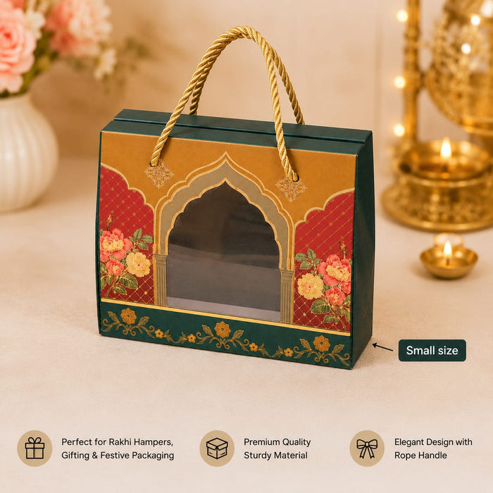 Royal Floral Window Hamper Box with Luxury Rope Handle | Premium Gift Packaging Box for Wedding, Rakhi, Diwali, Return Gifts, Chocolates & Dry Fruits | 19 × 15 × 10 CM