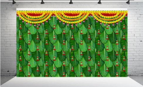 1 pcs Beautiful Banana Leaf With Galgota Line Backdrop Chadar for Religious Celebrations,Diwali Home Pooja – Perfect Décor (Design-6