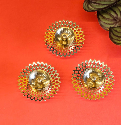 3 Piece Traditonal Decorative Round Metal Gold Polish Diya holder Stand for Home Decor,Mandir Decor,Diwali Decor,Candles Diya holder, Office,Table Decor, Entrance Decoration Item (Pack of 1) (Golden)