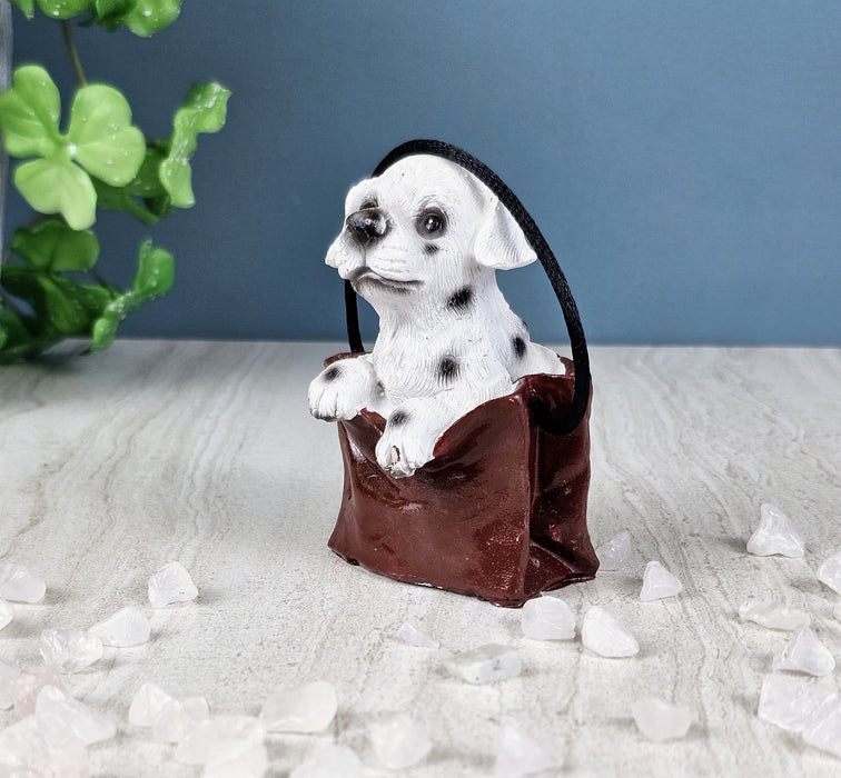 1 pc Cute Miniature Dog in Bag Poly Resin Statue with Hanging, Decorative Piece for Living Room, Bed Room, Table top, Restaurant, cafes, Gifting, Birthday( Pack of 1)