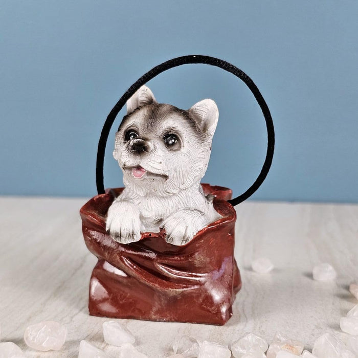 1 pc Cute Miniature Dog in Bag Poly Resin Statue with Hanging, Decorative Piece for Living Room, Bed Room, Table top, Restaurant, cafes, Gifting, Birthday( Pack of 1)