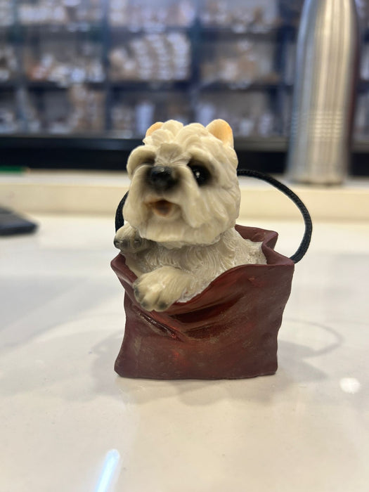 1 pc Cute Miniature Dog in Bag Poly Resin Statue with Hanging, Decorative Piece for Living Room, Bed Room, Table top, Restaurant, cafes, Gifting, Birthday( Pack of 1)