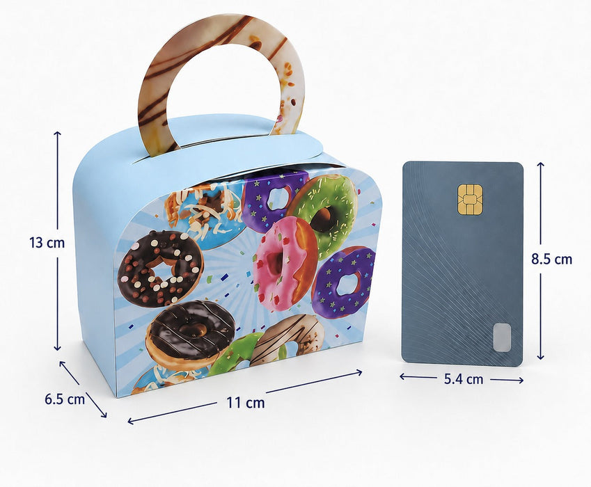 50 Pcs Random Donut Print Paper Gift Box with Handle for Chocolates, Candies, Cookies, Pastry, Bakery Packing, Birthday Return Gifts, Kids Party Favors, Wedding & Baby Shower Gifting, Multi Colour Gift Packaging Box