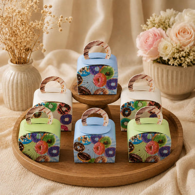 50 Pcs Random Donut Print Paper Gift Box with Handle for Chocolates, Candies, Cookies, Pastry, Bakery Packing, Birthday Return Gifts, Kids Party Favors, Wedding & Baby Shower Gifting, Multi Colour Gift Packaging Box