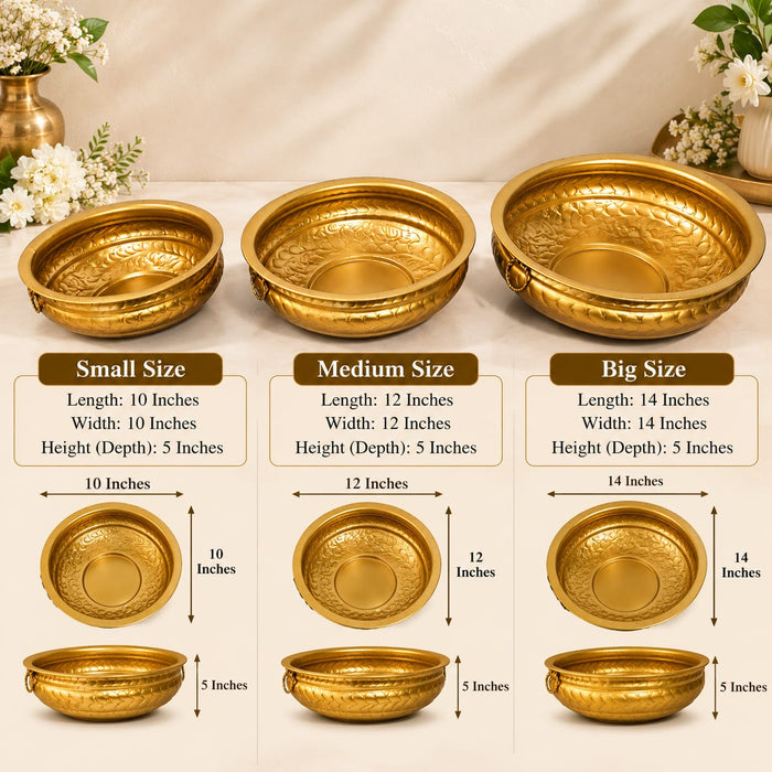 (Design No.43) 1 set (3 pcs) Luxury Golden Metal Urli Bowl with Intricate Embossed Design | Traditional Decorative Bowl for Diwali, Pooja, Wedding, Floating Flowers & Festive Home Décor |