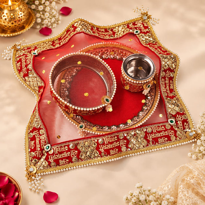 Premium Karwa Chauth Pooja Thali Set | Traditional Red & Gold Decorative Thali | Festive Pooja & Vrat Accessories