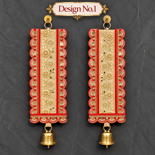 Traditional Embellished Door Hanging with Bell (2pcs) | Red & Golden Decorative| 16 × 5.5 Inch Wall Hanging
