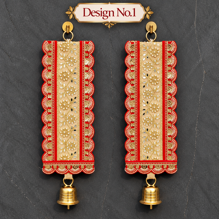 Traditional Embellished Door Hanging with Bell (2pcs) | Red & Golden Decorative| 16 × 5.5 Inch Wall Hanging