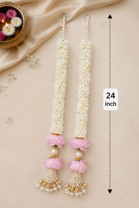 (Design No.4) Elegant White & Pink Flower Hanging for Home & Festive Decor | 24 Inch Artificial Floral Toran with Pearl Tassels | Door, Wall, Pooja & Wedding Decoration