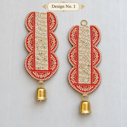 Traditional Embellished Door Hanging with Bell (2pcs) | Red & Golden Decorative| 16 × 5.5 Inch Wall Hanging