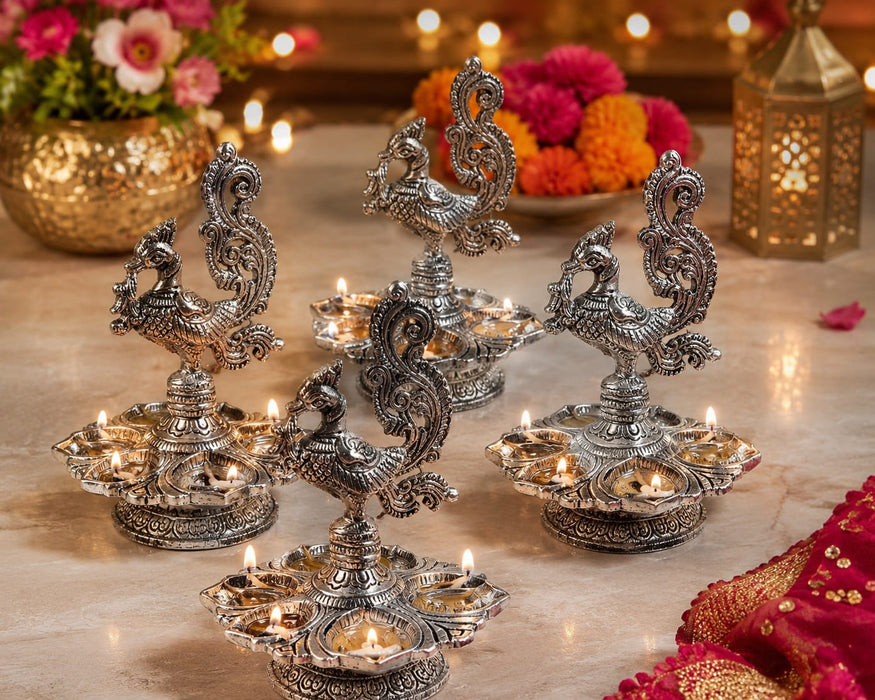 Metal Peacock Diya Urli – Traditional 5-Wick Decorative Oil Lamp for Pooja, Diwali & Home Décor | 5 Inch Height x 4 Inch Length