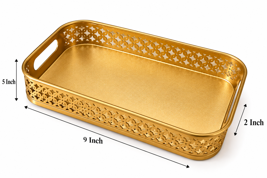 (Design No.30) Premium Golden Decorative Serving Tray with Cutwork Design | Elegant Metal Tray with Handles | Luxury Gift, Wedding & Home Décor Tray