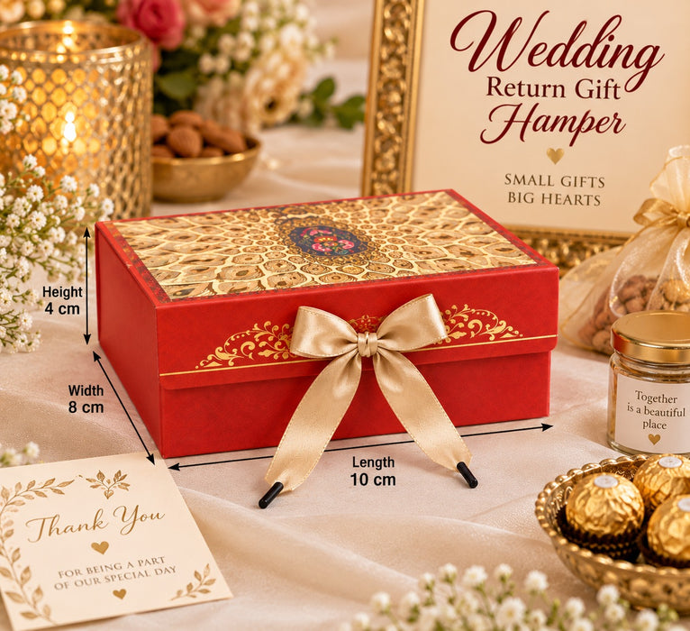 Premium Wedding Return Gift Box 10 × 8 × 4 CM | Elegant Red Collapsible Gift Box with Golden Ribbon | Reusable Gift Packaging Box