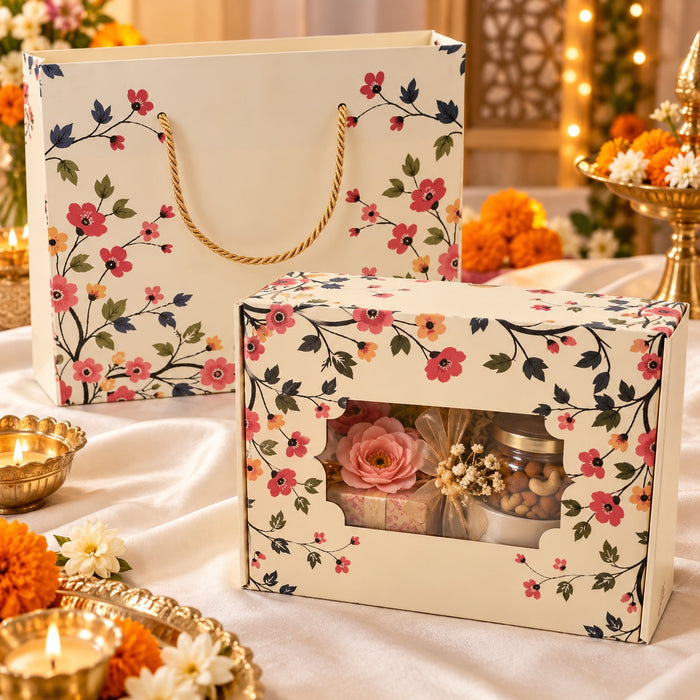 Floral Printed Gift Box with Transparent Window & Rope Handle | Premium Hamper Packaging Box