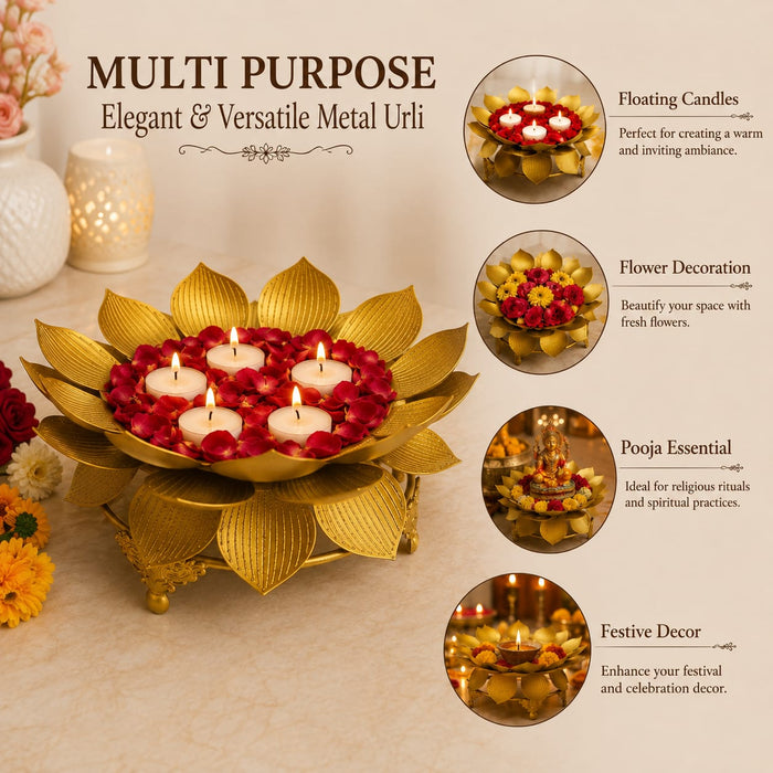 Gold Finish Metal Diya Urli for Home Décor, Pooja & Festive Decoration | Lotus Design Decorative Urli Bowl | 6 × 3 Inch