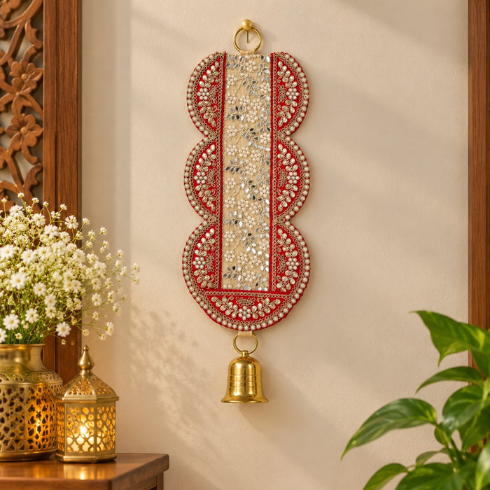 Traditional Embellished Door Hanging with Bell (2pcs) | Red & Golden Decorative| 16 × 5.5 Inch Wall Hanging