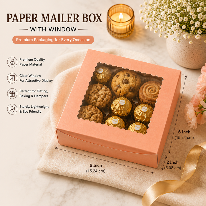 Paper Mailer Box with Window | Premium Gift & Bakery Packaging Box | For Cookies, Brownies, Chocolates, Dry Fruits & Hampers L6 × H2 × W6 Inch