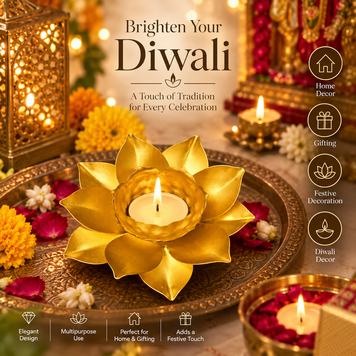(Design No.37) 2 pcs Golden Lotus Diya Candle Holder | Metal Lotus Tea Light Holder for Diwali & Home Décor
