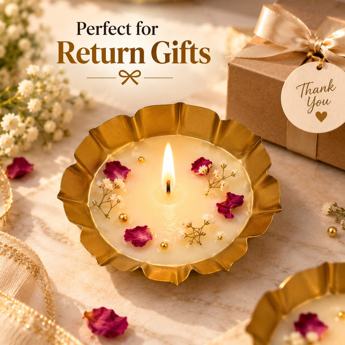 (Design No.35) Golden Scalloped Metal Plate | 4.5 Inch Decorative Tray for Diya, Pooja & Home Décor