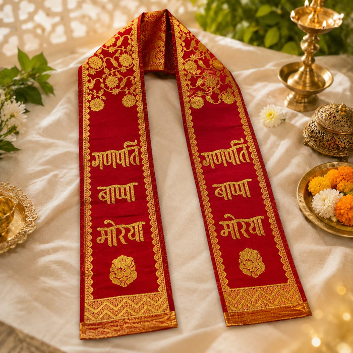 Ganpati Bappa Morya Khes  | Devotional Printed Puja Stole | 66 × 6 Inch | Ganesh Festival, Visarjan, Bhajan