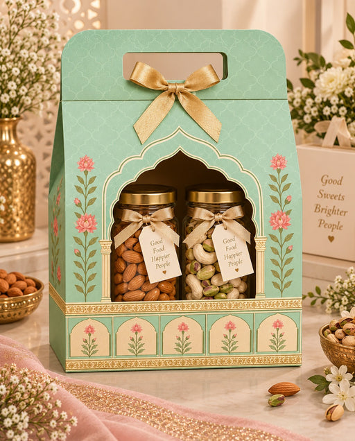 Pastel Green Rajwadi Premium Dry Fruit & Sweets Gift Hamper Box | Royal Festive Hamper Box with Golden Foil Finish
